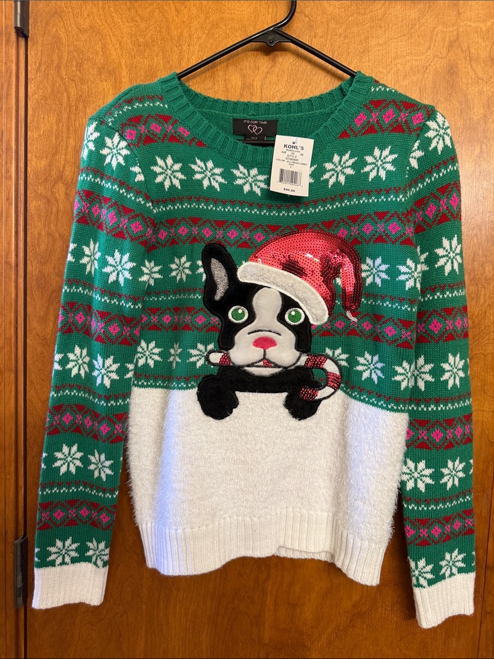 Green & White Holiday Crewneck Sweater with Sequin Dog Appliqué